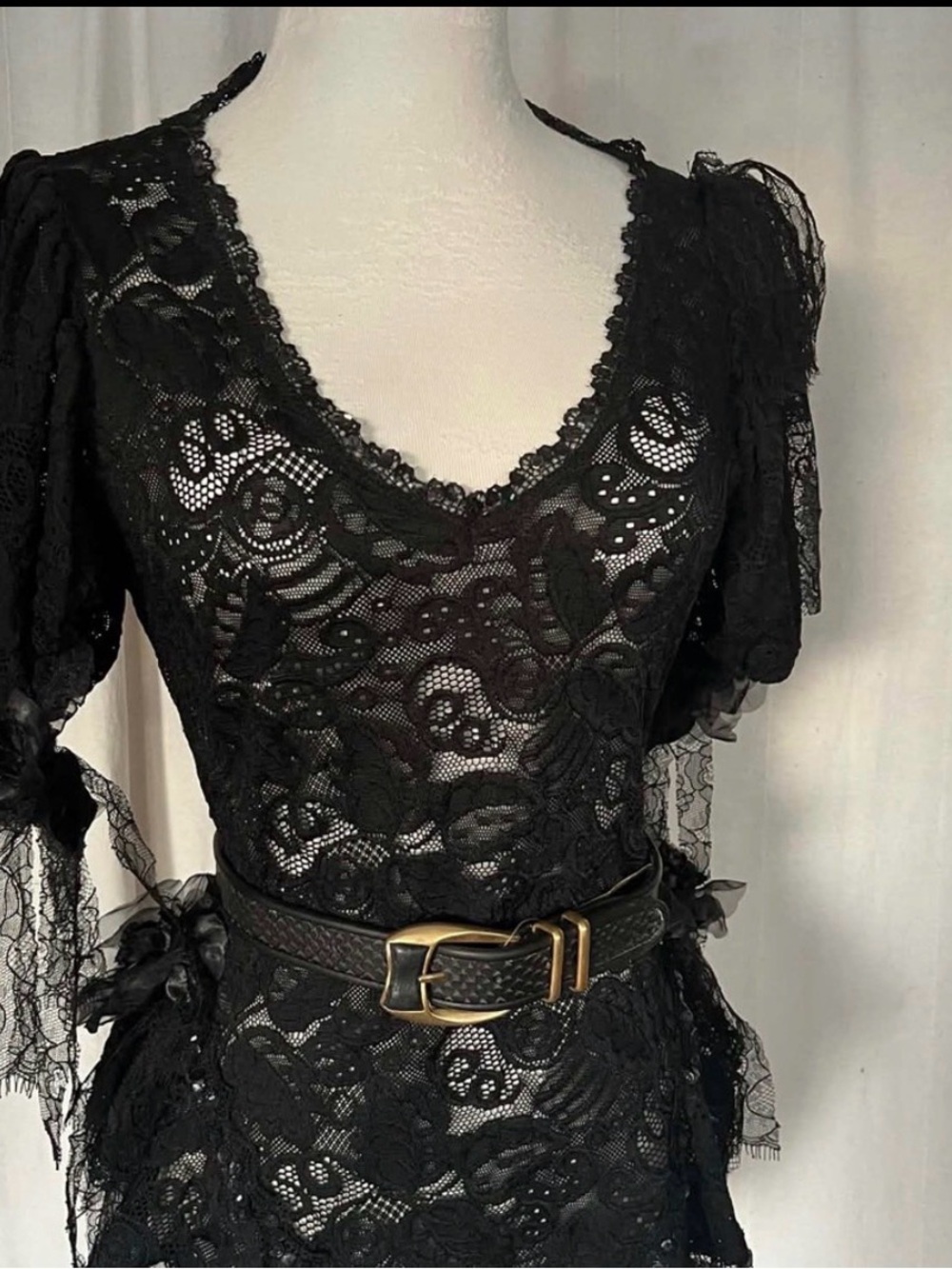 Women's Black Lace Puff Sleeve Blouse with Rosette Accents